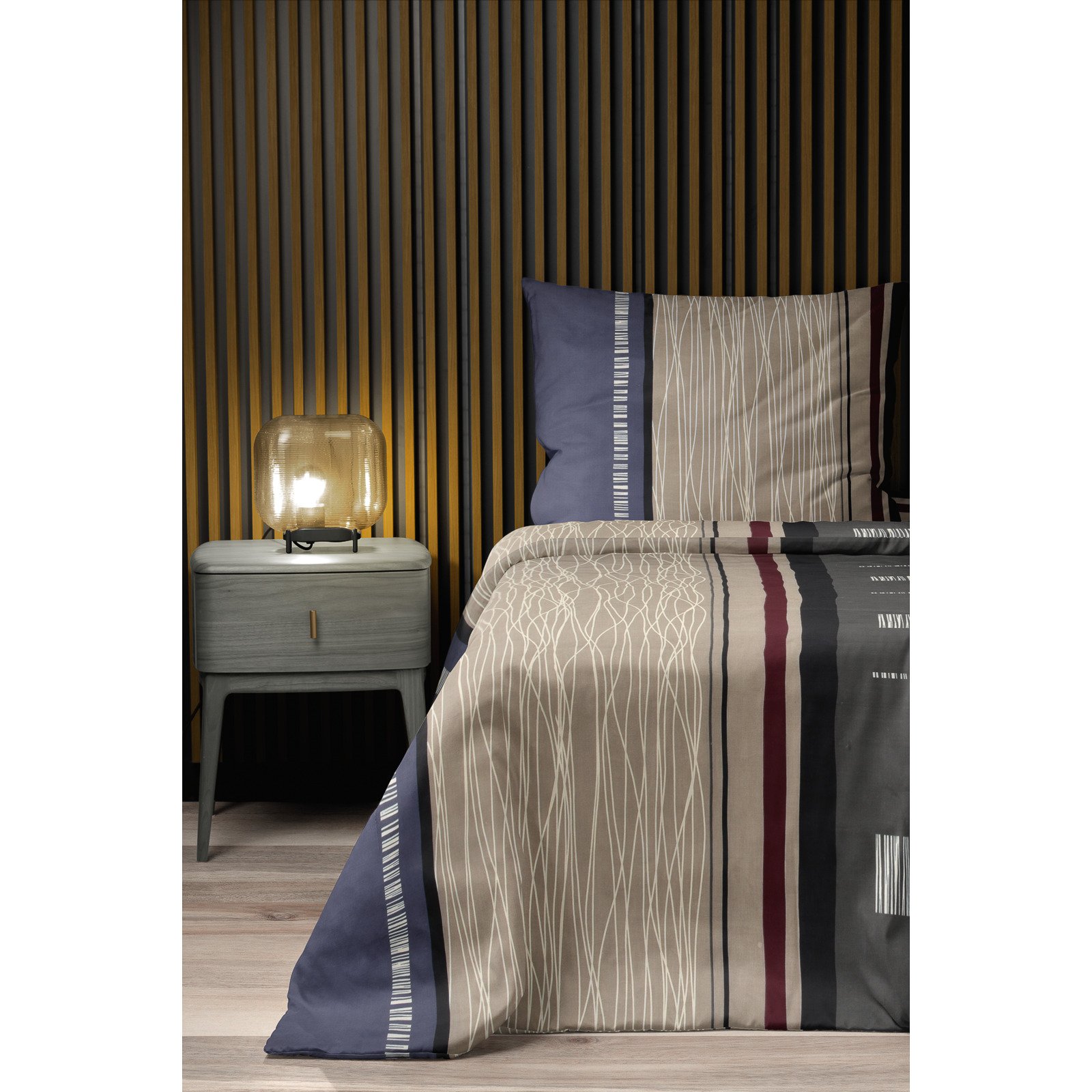 Bettwäsche Satin Streifenmuster grau-beige-bordeaux 50x70 Kissenbezug