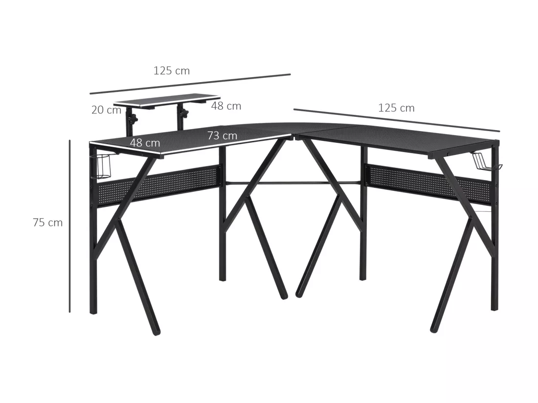 Bureau gaming d'angle bureau gamer bureau informatique bracket casque porte-gobelet étagère écran réglable métal panneaux texture carbone noir
