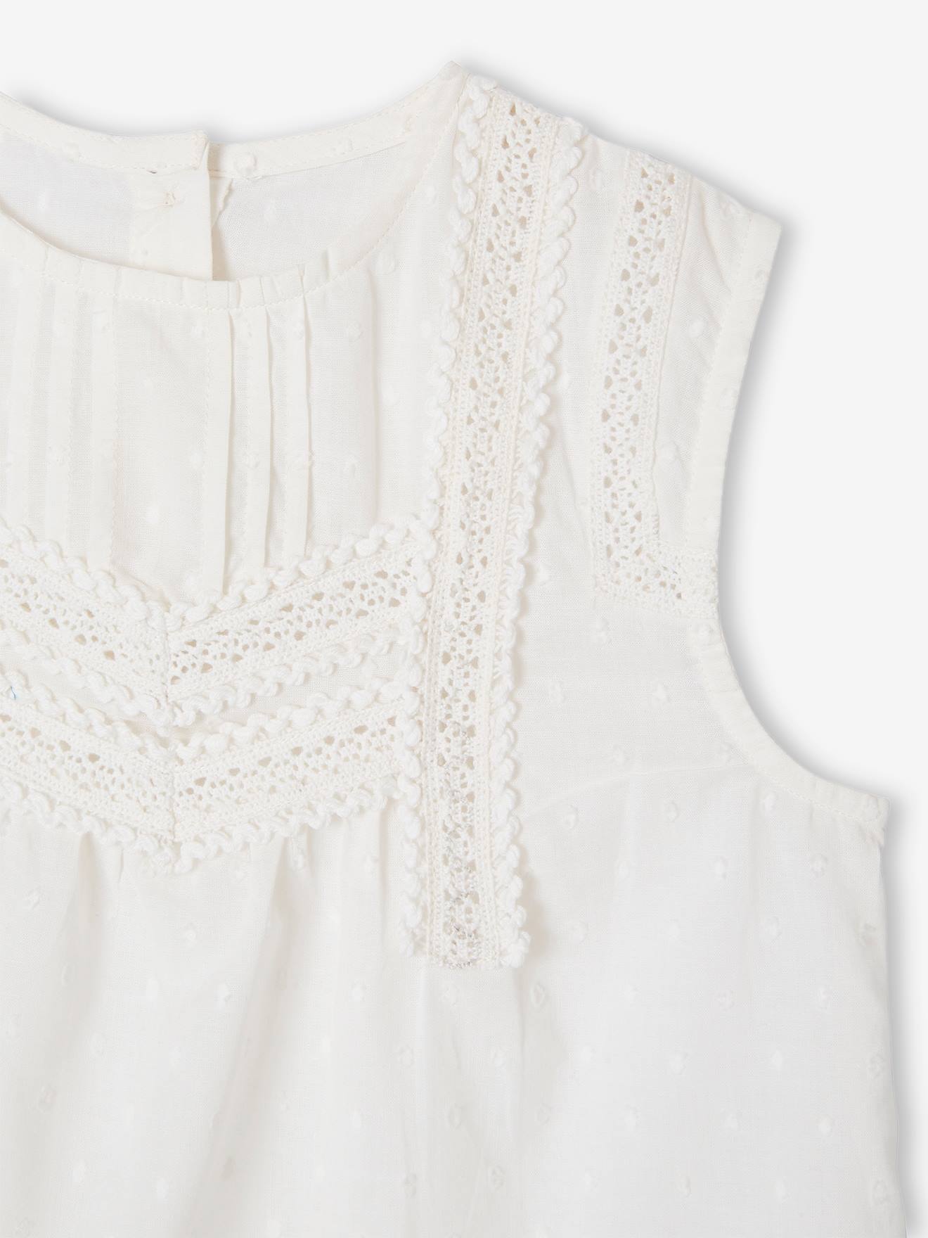 Blusa sem mangas com detalhes de fantasia para meninas, cor off-white