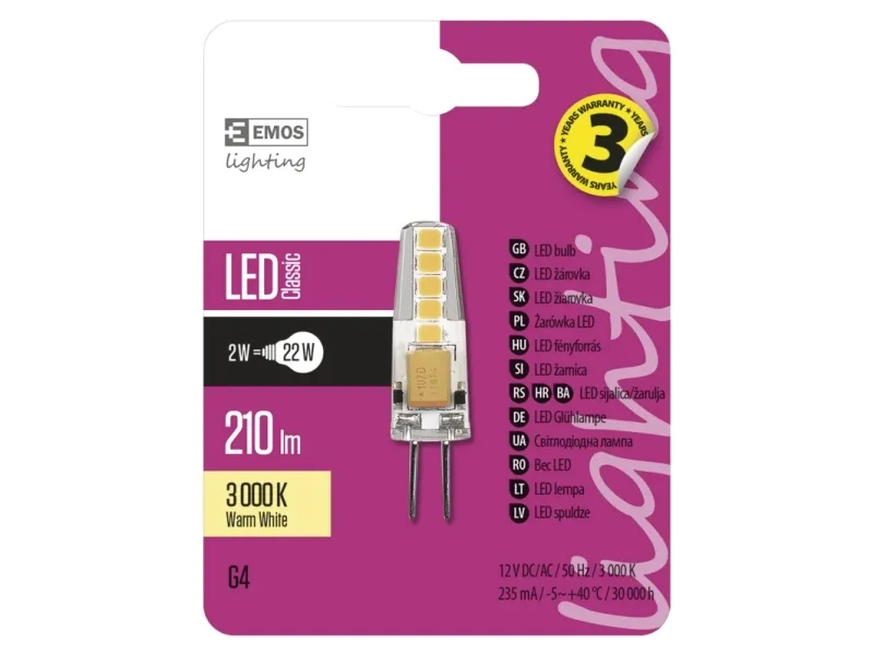 Emos ZQ8620, 2 W, 22 W, G4, 210 lm, 30000 t, Varm hvid