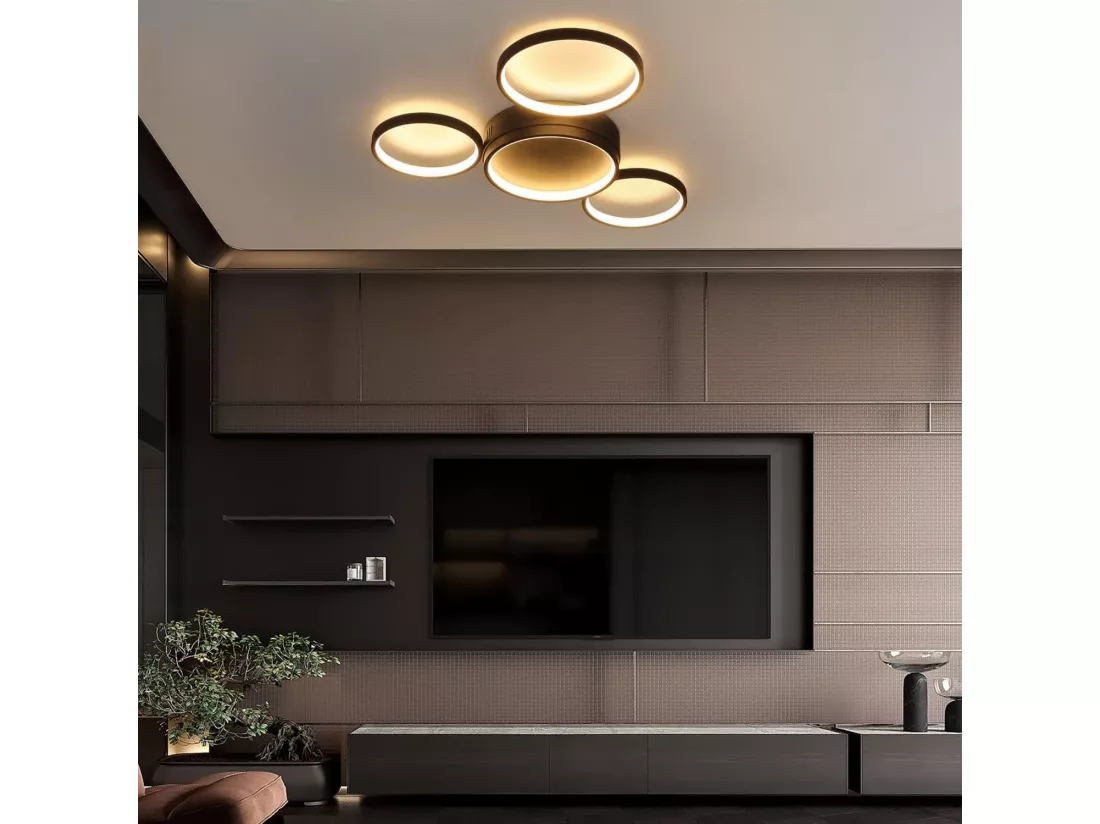 NETTLIFE Plafonnier LED Salon Noir Chaud 29 W Moderne avec 4 Anneaux Lampe Design Lampe de Chambre Décorative pour Chambre d'enfant Cuisine