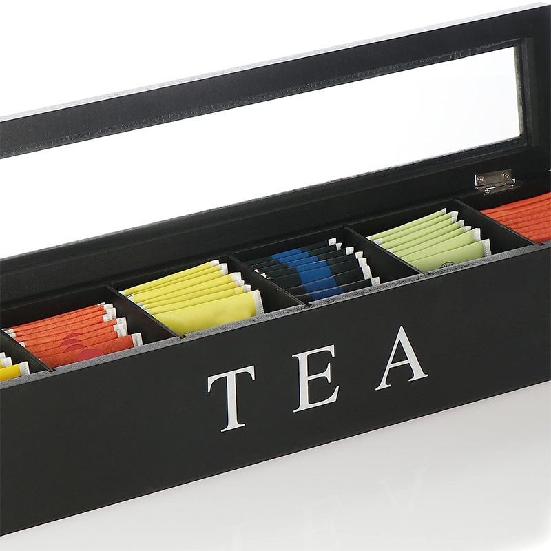 (43x9cm) 6-fach Holz Tee Beutel Behälter Kaffeekapsel Tea Box Küchen Organizer - Schwarz