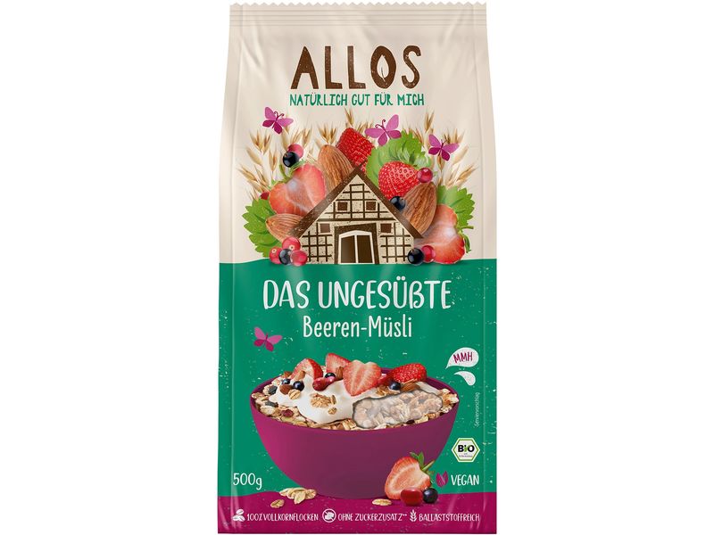 Allos Das ungesüsste Beeren-Müsli Beutel 500 g Bio Getreideflocken ohne zugesetzten Zucker