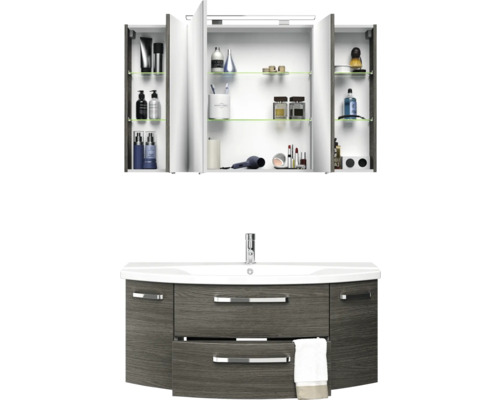 Badkamermeubelset Pelipal Serie 4010, afmetingen (B x H x D): 120,5 x 200 x 48 cm, fronten in grafietstructuur, 4-delige badkamermeubelset inclusief witte keramische wastafel, keramische badmeubel en spiegelkast met LED-verlichting.