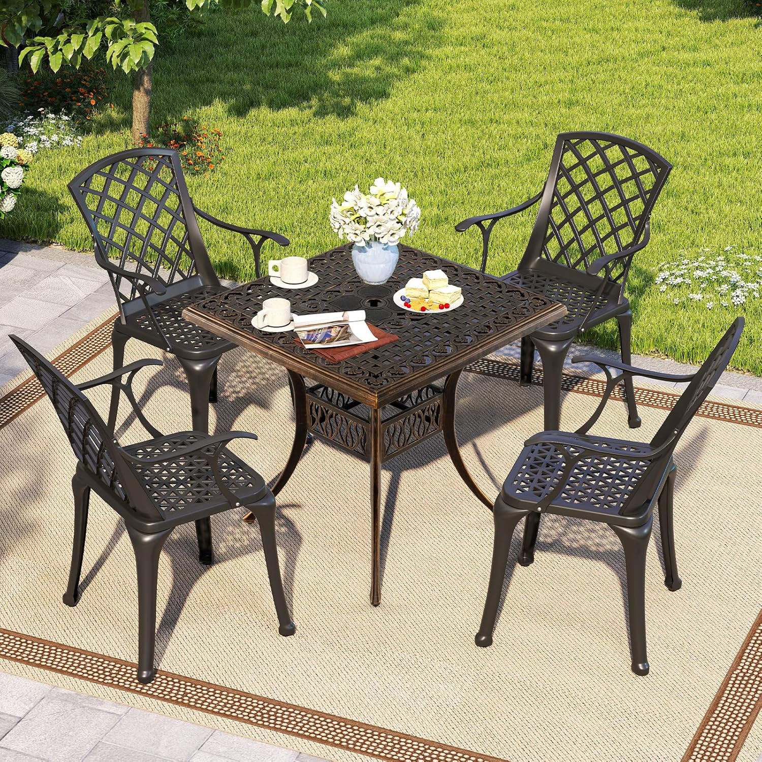COSTWAY Gartentisch mit Schirmloch, 80x80x75cm, quadratischer Balkontisch aus Aluminiumguss, wetterfester Terrassentisch für 4 Personen, Outdoor-Esstisch für Garten