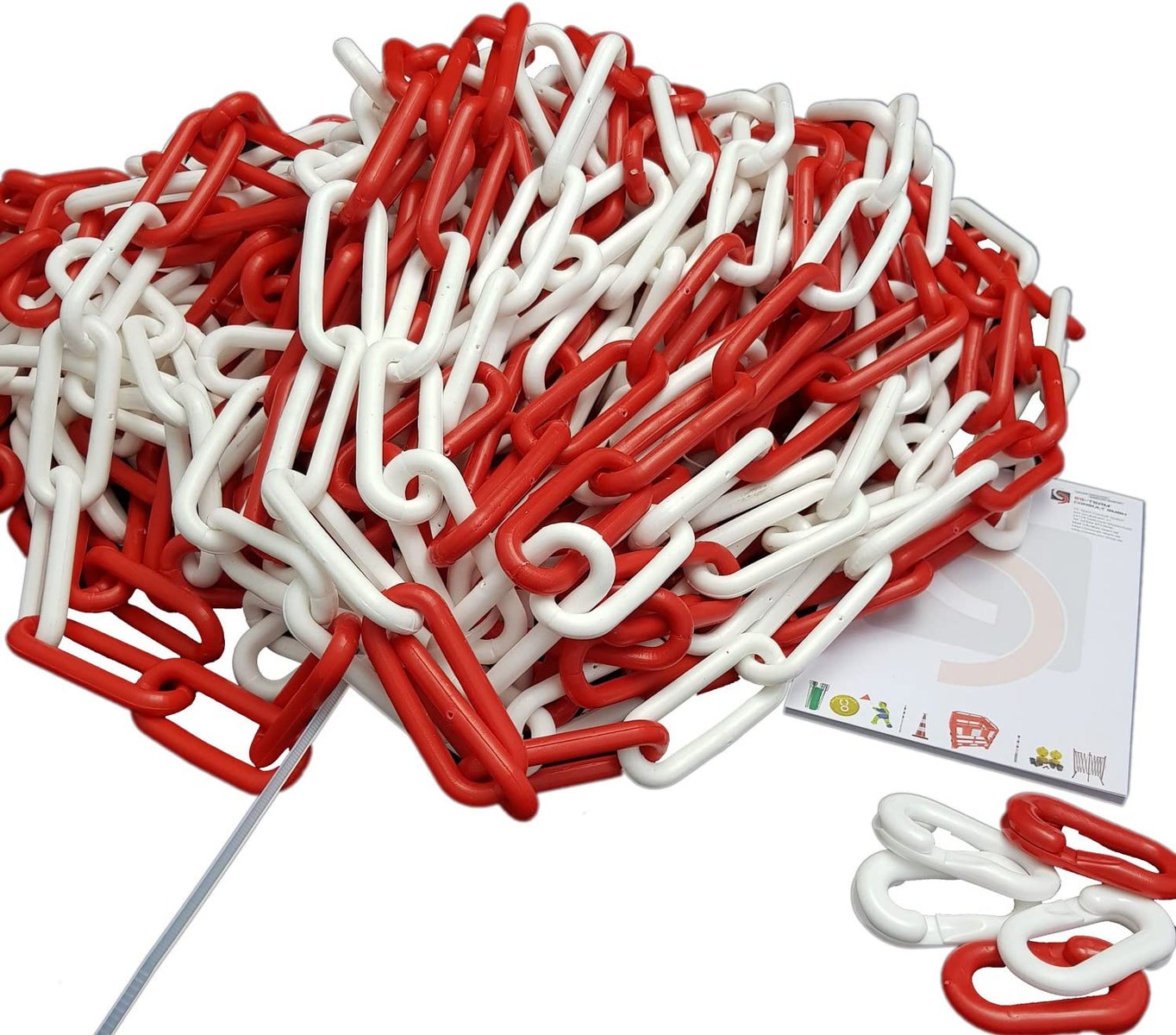 UVV-barrièreketting, schakelketting, kunststof, lengte: 25 m (dikte 6, 8 of 10 mm) + 5 noodschakels, vele kleuren / wit-rood / 10 mm