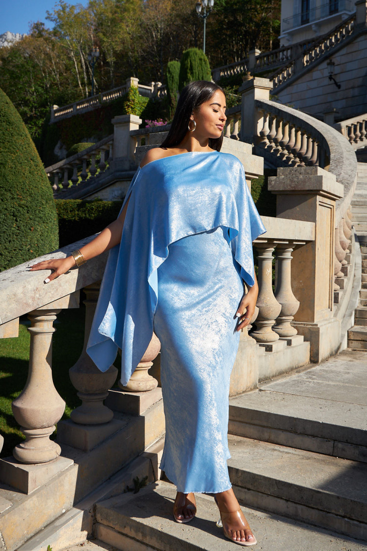 Robe 2 pièces bustier + poncho satiné bleu