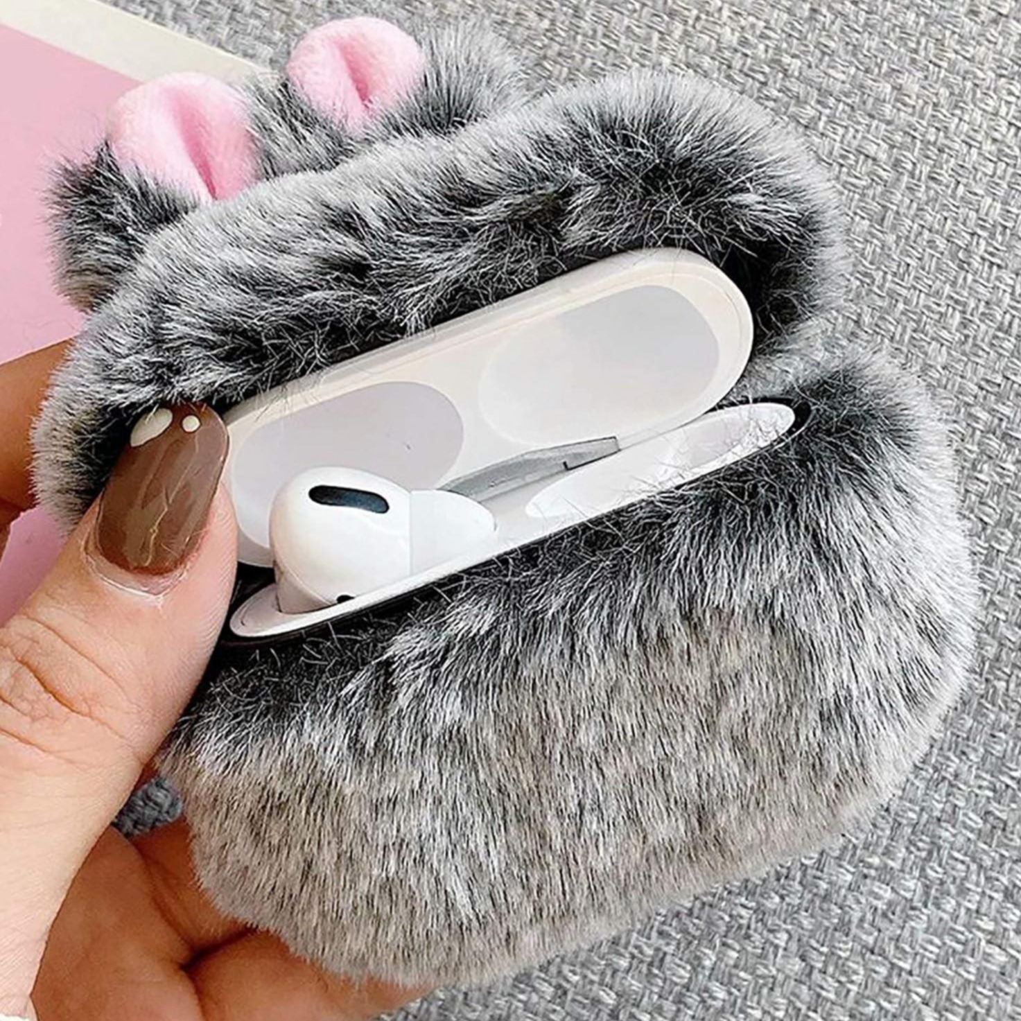 AirPods Pro 2 / AirPods Pro 3D Gummi Plüsch Case Hülle Bunny mit Flauschigen Hasenohren - Grau