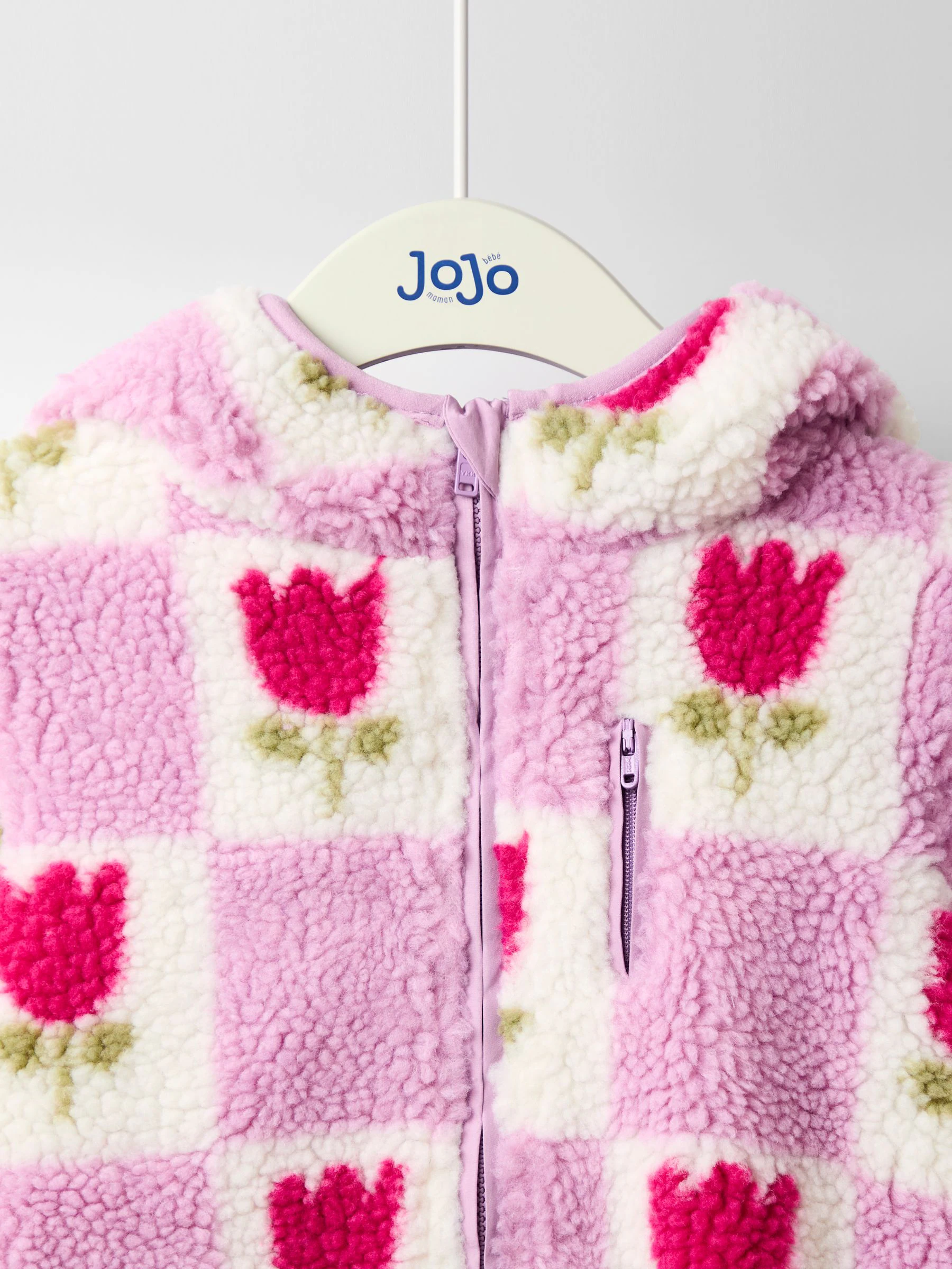 Paarse tulpen-dambord - JoJo Maman Bébé Fleecejack met capuchon