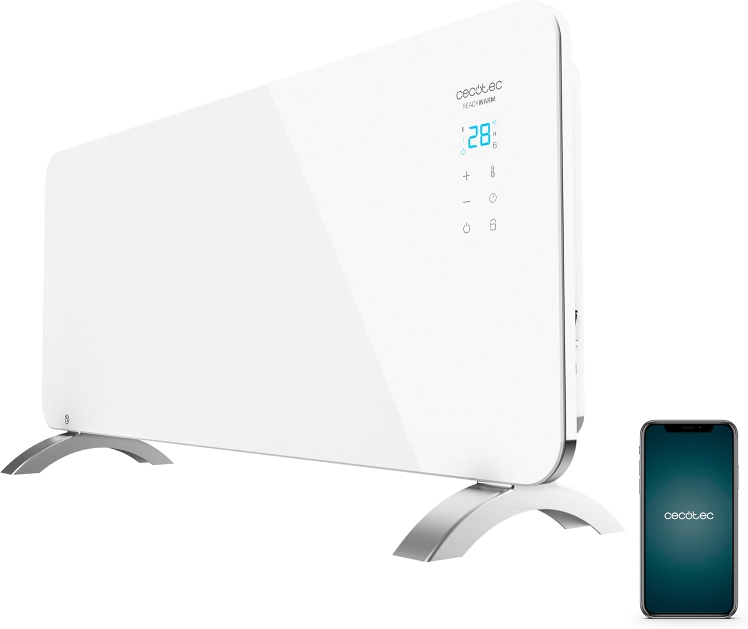 Cecotec Heizkonvektor mit Glasplatte Ready Warm 6750 Crystal Connection. 2000 W, WiFi-Steuerung , einstellbares Thermostat, Timer, Bodenständer, Geeignet für Badezimmer (IP24), Lautlos
