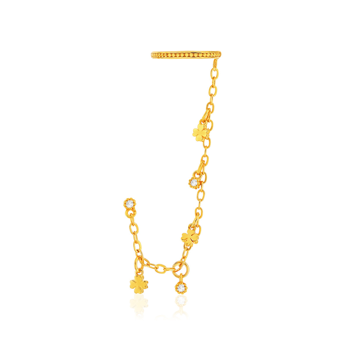 Bague d'oreille ear cuff plaqué or pampilles trèfles et pampilles zirconias, vendue à l'unité
