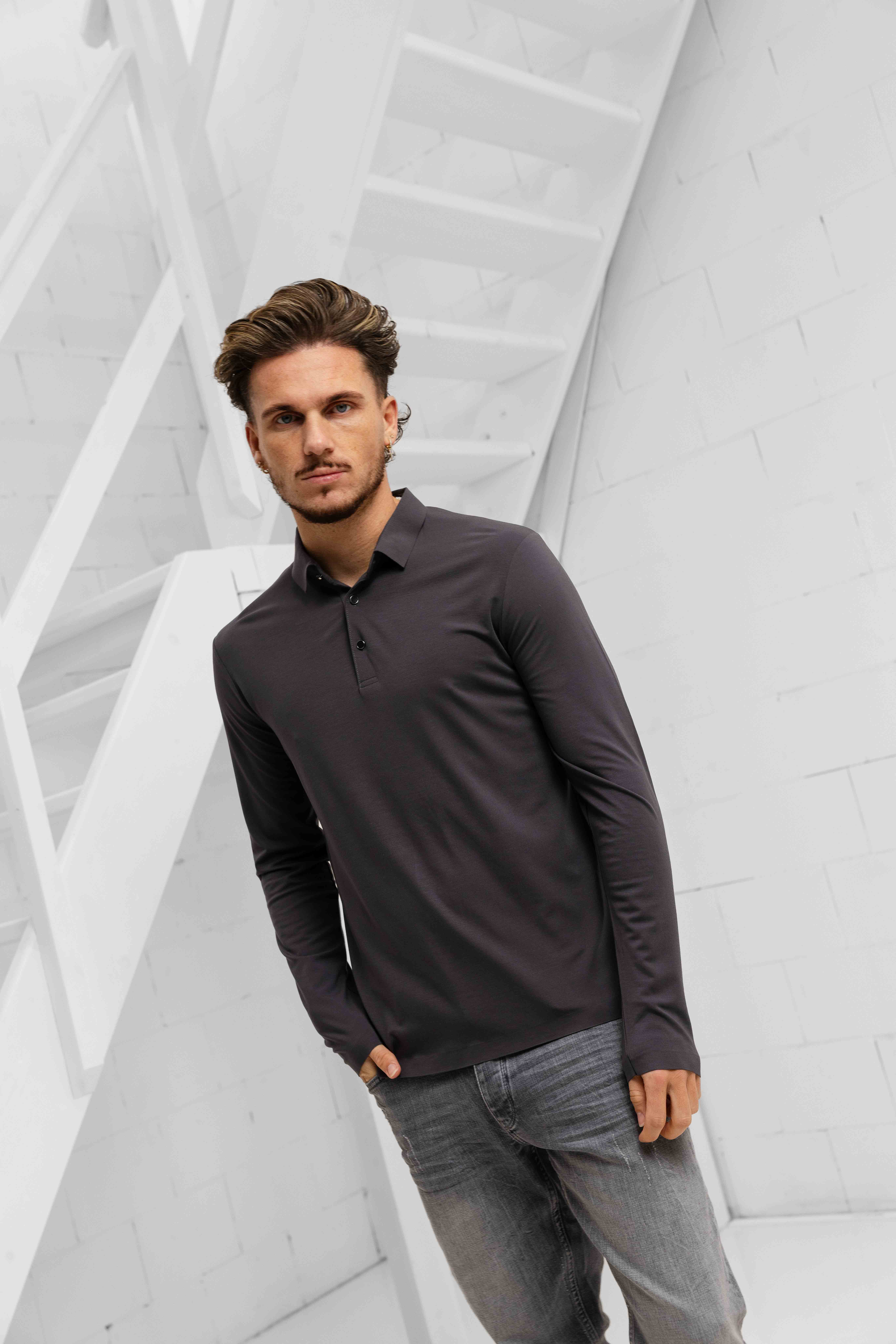 Dadado Bari Lange Mouwen Polo Heren Donkergrijs