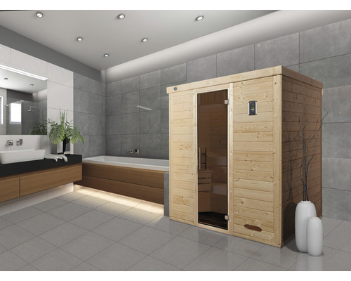 Massief houten sauna Weka Kemi GT Gr.4 incl. 7,5 kW kachel en digitale bediening met grafietkleurige volledig glazen deur