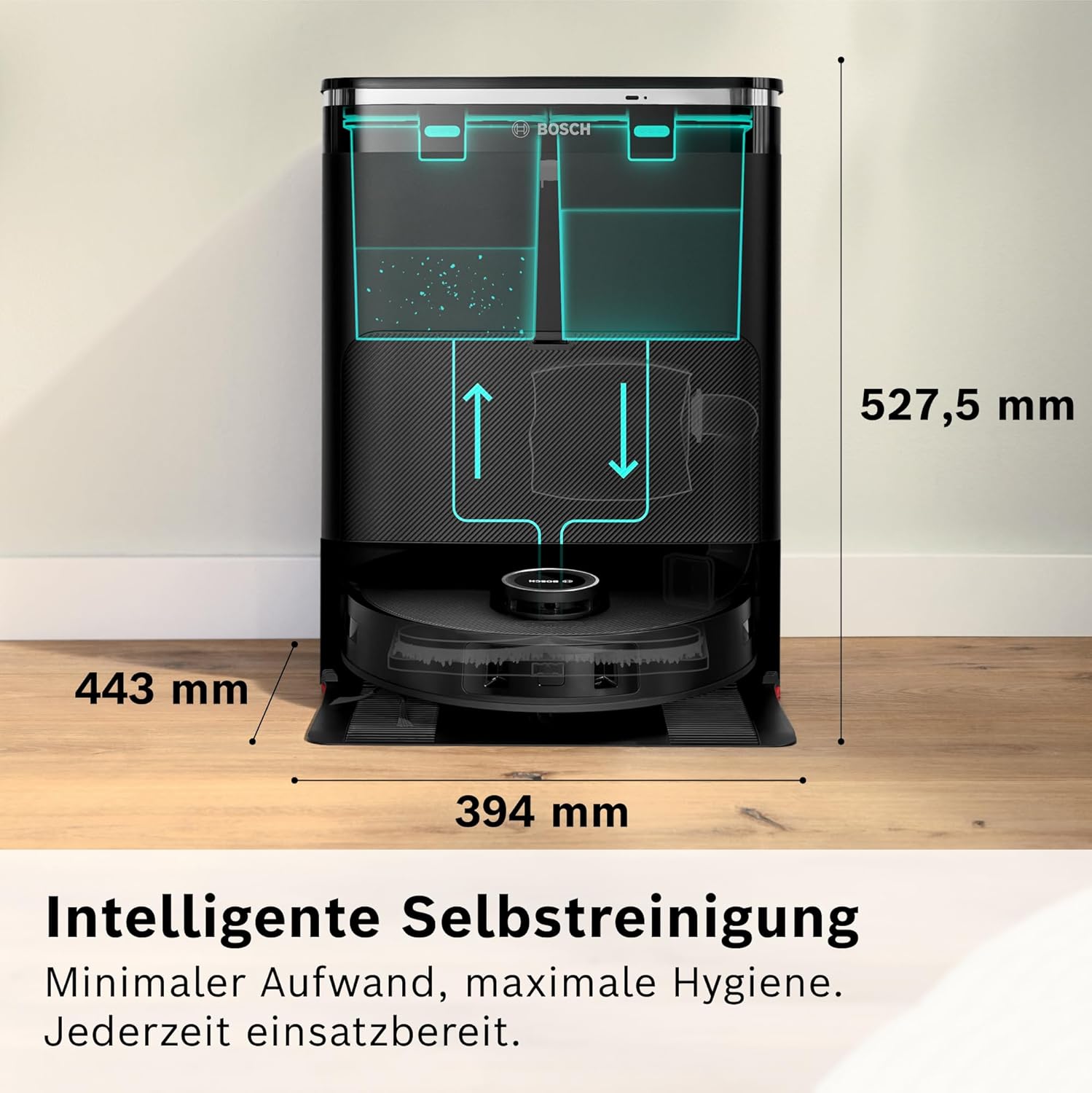Bosch Spotless Max BCRDW3B Saugroboter mit Wischfunktion, 11.000 Pa Saugkaft, rotierende Wischpads, Nass-Trocken-Servicestation, Selbstreinigung, Smart Vision Navigation, Steuerung per App, schwarz