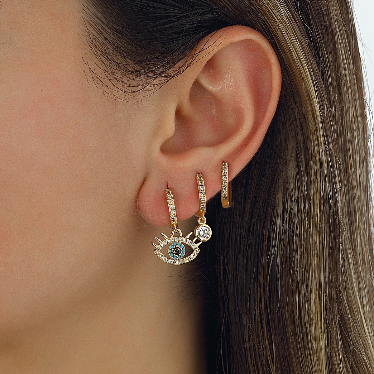 Trio de boucles d'oreilles - Laiton plaqué or & zircons