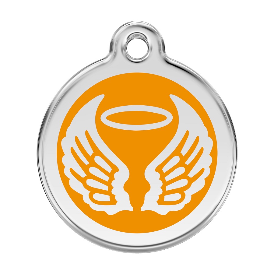 Placa de identificação para cães em aço inoxidável esmaltado com asas de anjo laranja.
