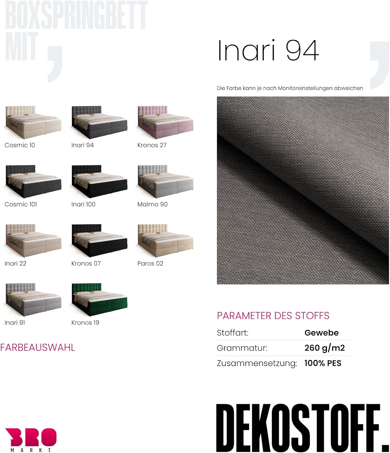 BROMARKT Boxspringbett mit Bonell Matratze und Bettkasten Doppelbett mit Topper 180x200cm Härtegrad H3 Bett für Schlafzimmer gepolsterte Kopfstütze Detroit Dunkelgrau