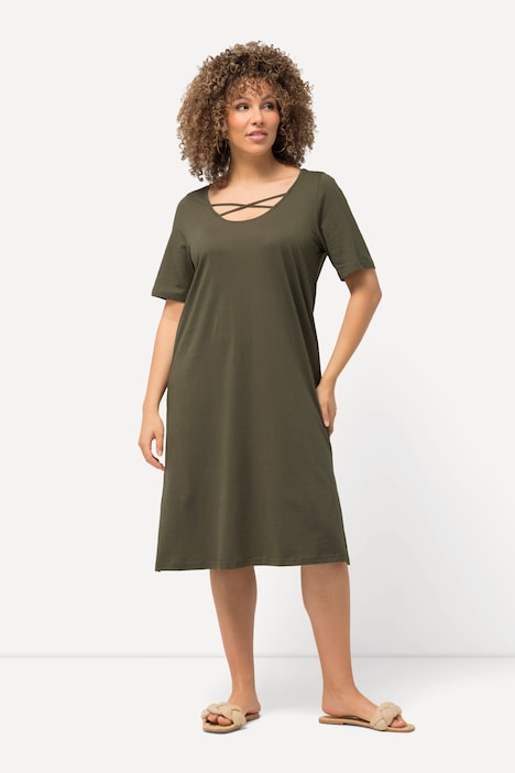 Jerseykleid, Zierbänder, A-Linie, Rundhals, Halbarm