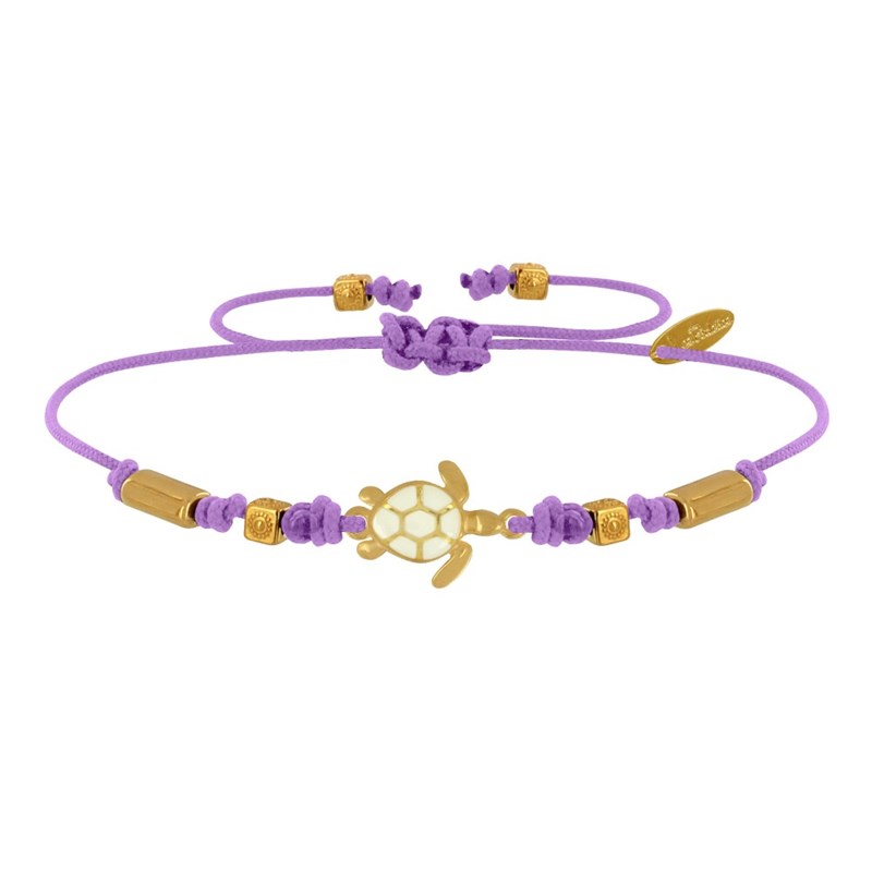 Bracelet Lien Laiton Doré Tortue Émaillé Blanche - Violet