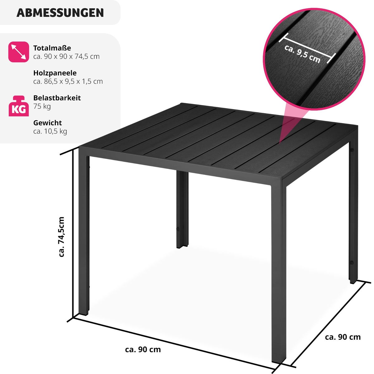 tectake Maren tuintafel van aluminium en kunststof, 90 x 90 x 74,5 cm