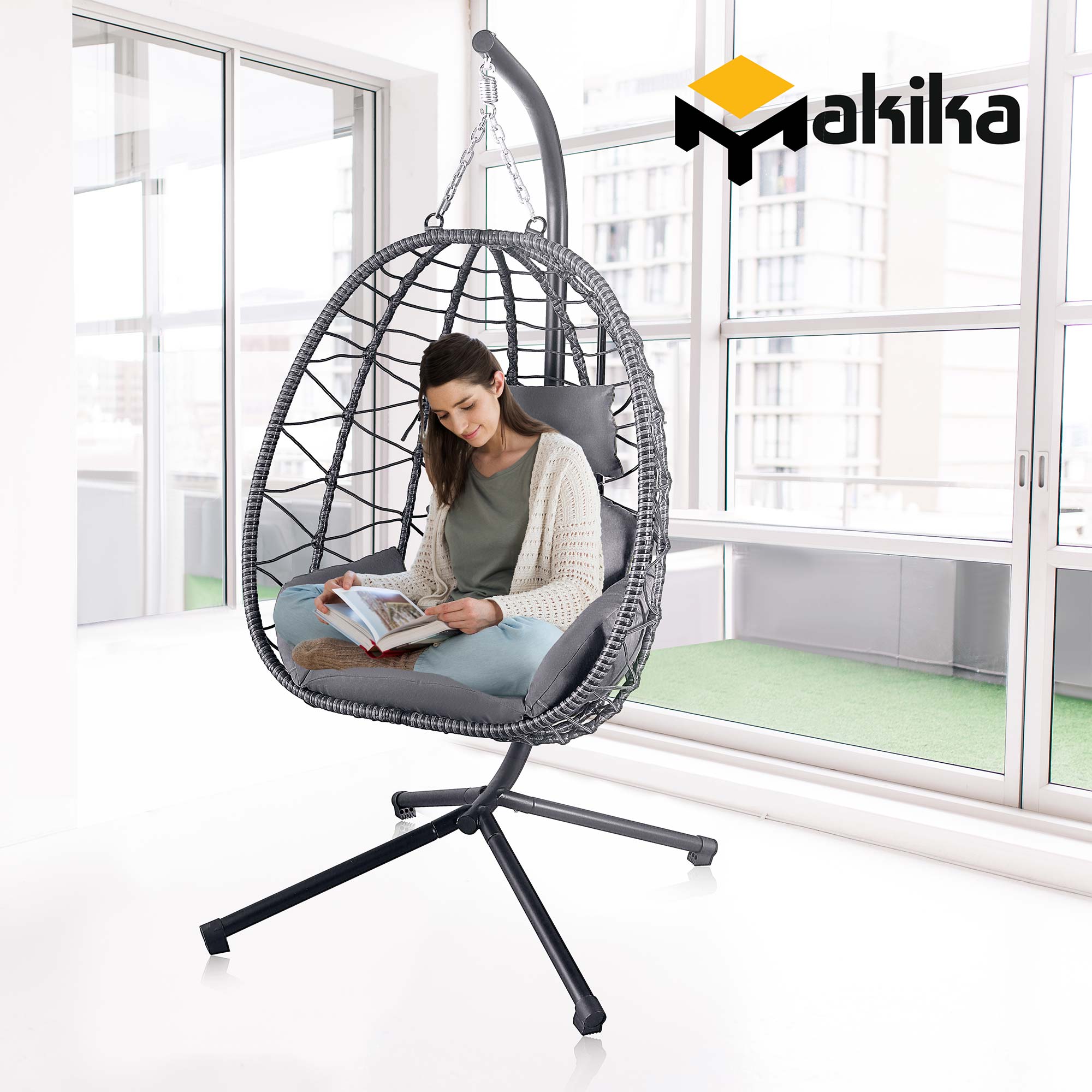 Makika Hängesessel mit Gestell höhenverstellbar aus Polyrattan in Grau