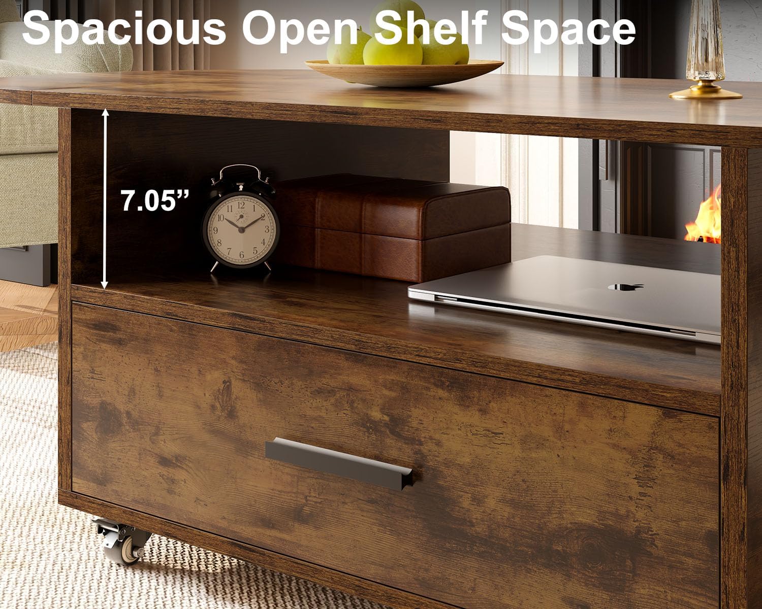 IBF Couchtisch Mit Schublade Stauraum Holz Oval Couchtisch Wohnzimmer Tisch Modern Ausziehbarer Mitteltisch Für Schlafzimmer Multifunktional Rollbarer Teetisch Beistelltische Rustikal Braun 120 cm