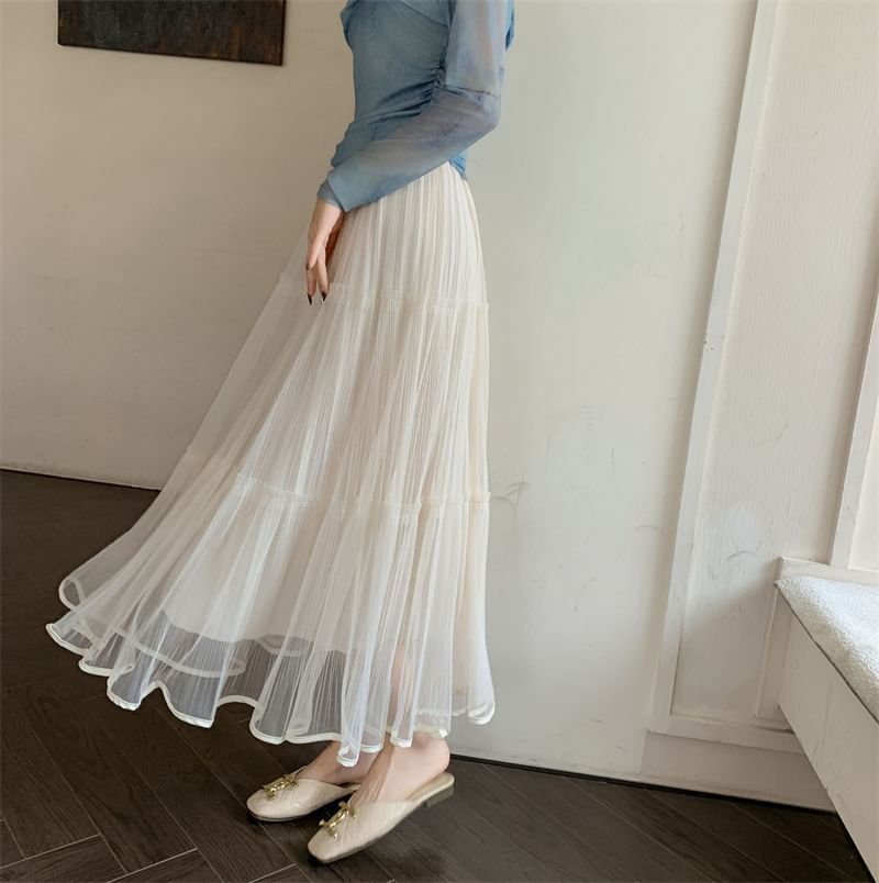 Luminato - Elastische taille, effen gelaagde mesh maxi-A-lijn rok