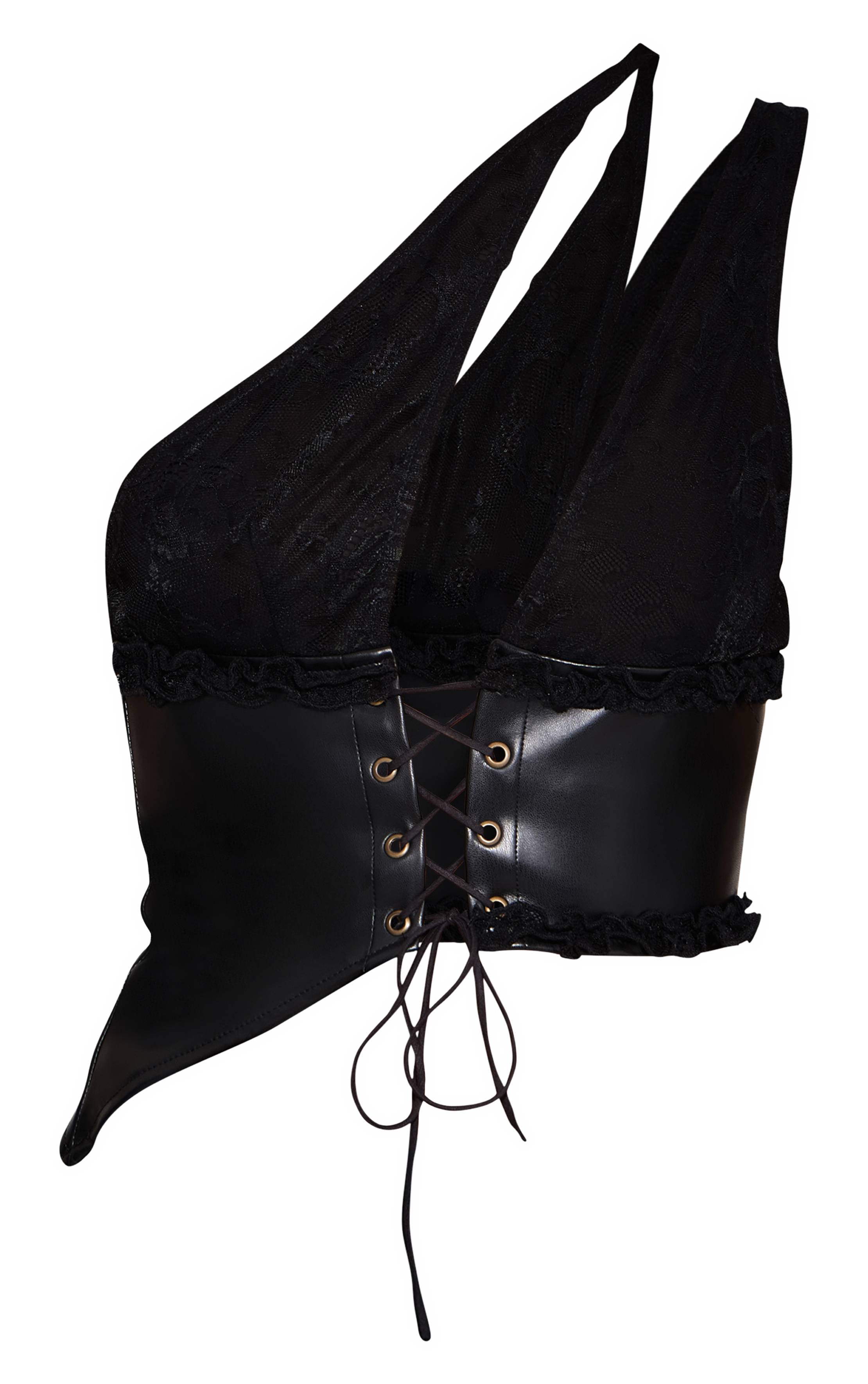 Noir Haut Col En V À Lacets Avec Détails En Dentelle Et Synthétiquecuir