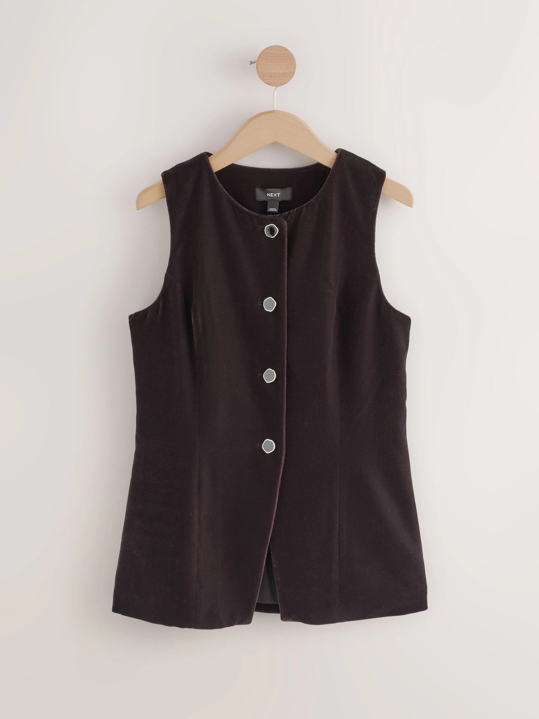 Chocoladebruin - Velvet Crew Neck Button Through Waistcoat