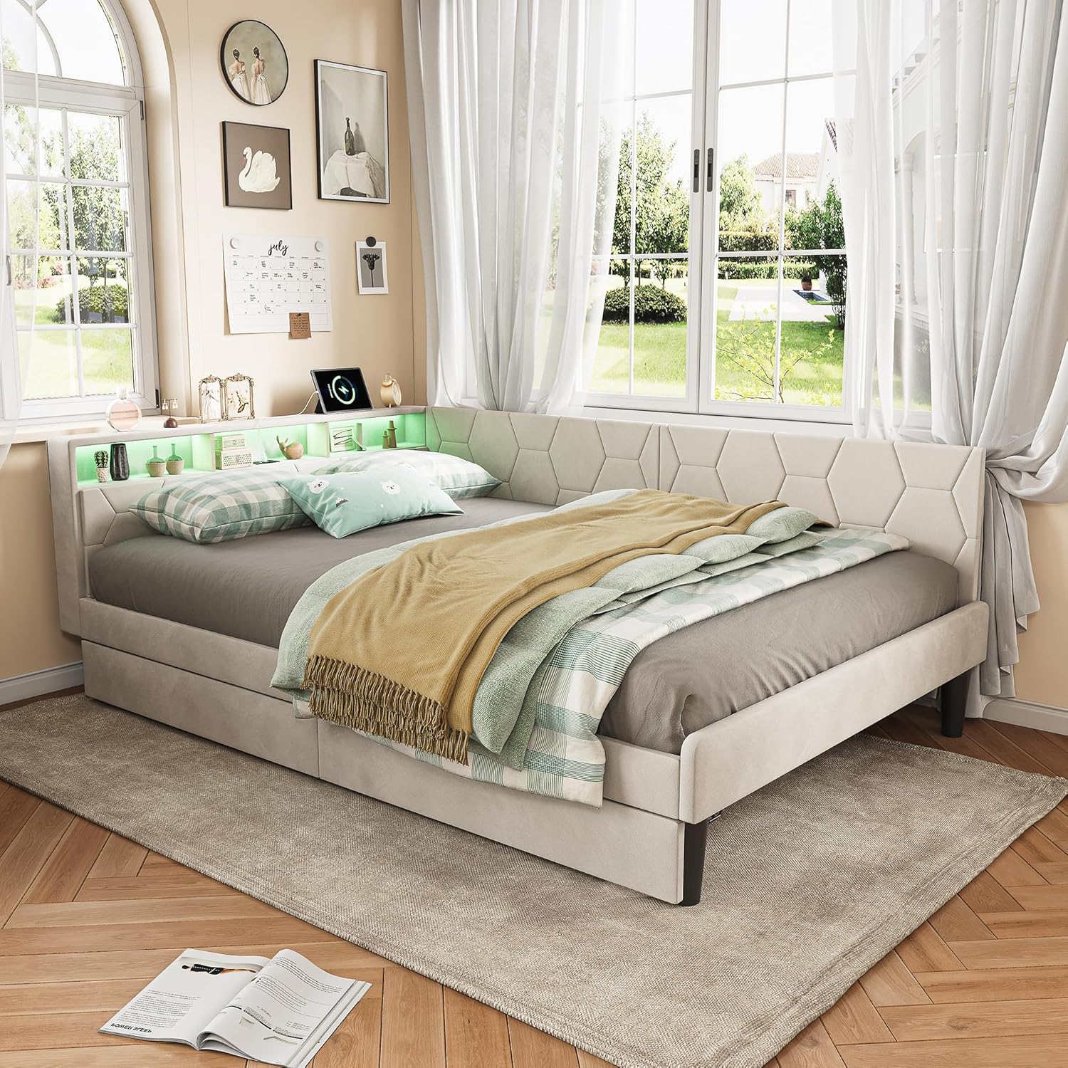 Polsterbett 140x200,doppelbett mit Lattenrost,Verformbares Funktionsbett mit Stauraum Kopfteil,Bettgestell 140x200,tagesbett mit 2 Schubladen,ohne Matratze (Beige, 140x200cm)