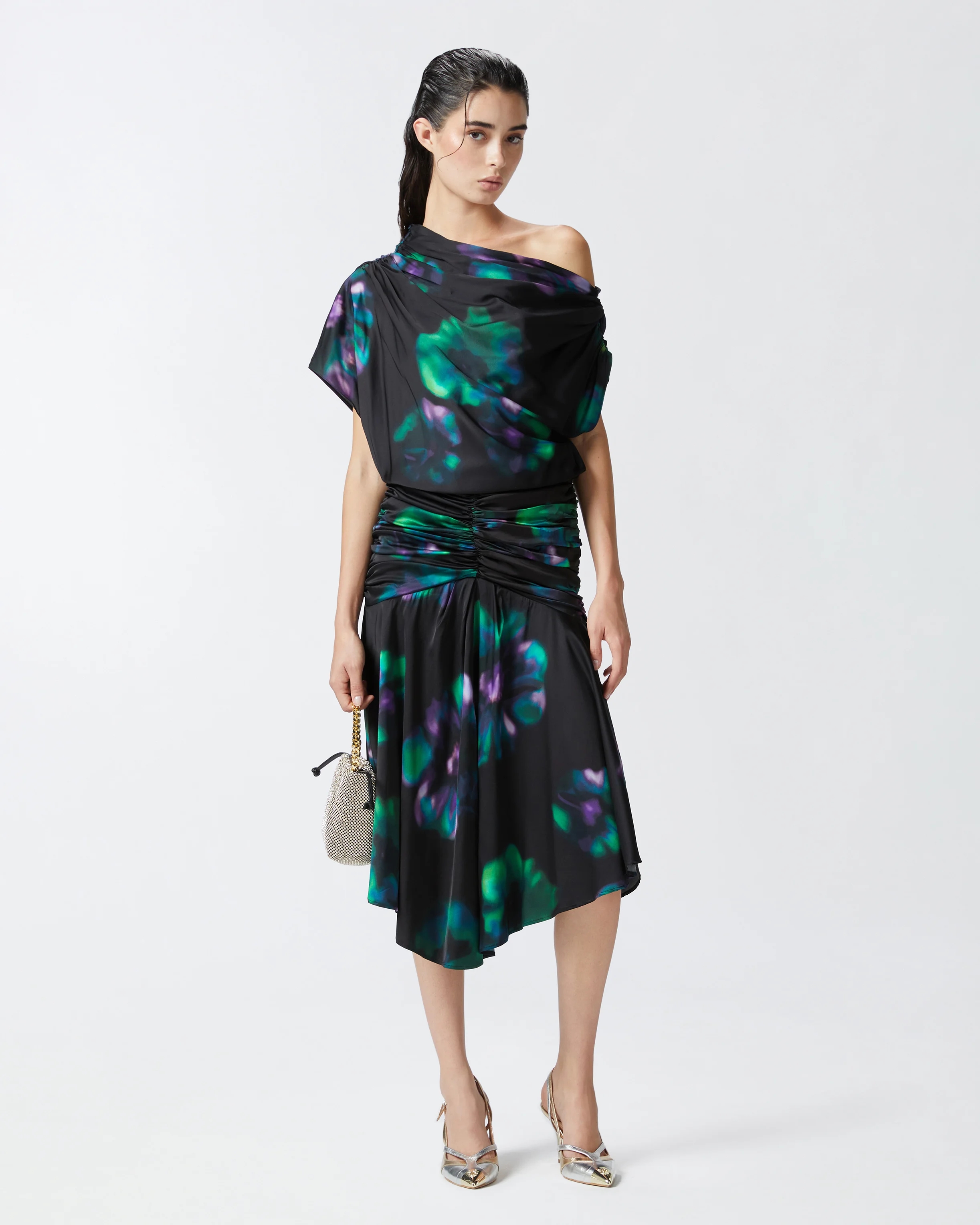 Robe midi drapée à imprimé floral dégradé | Noir