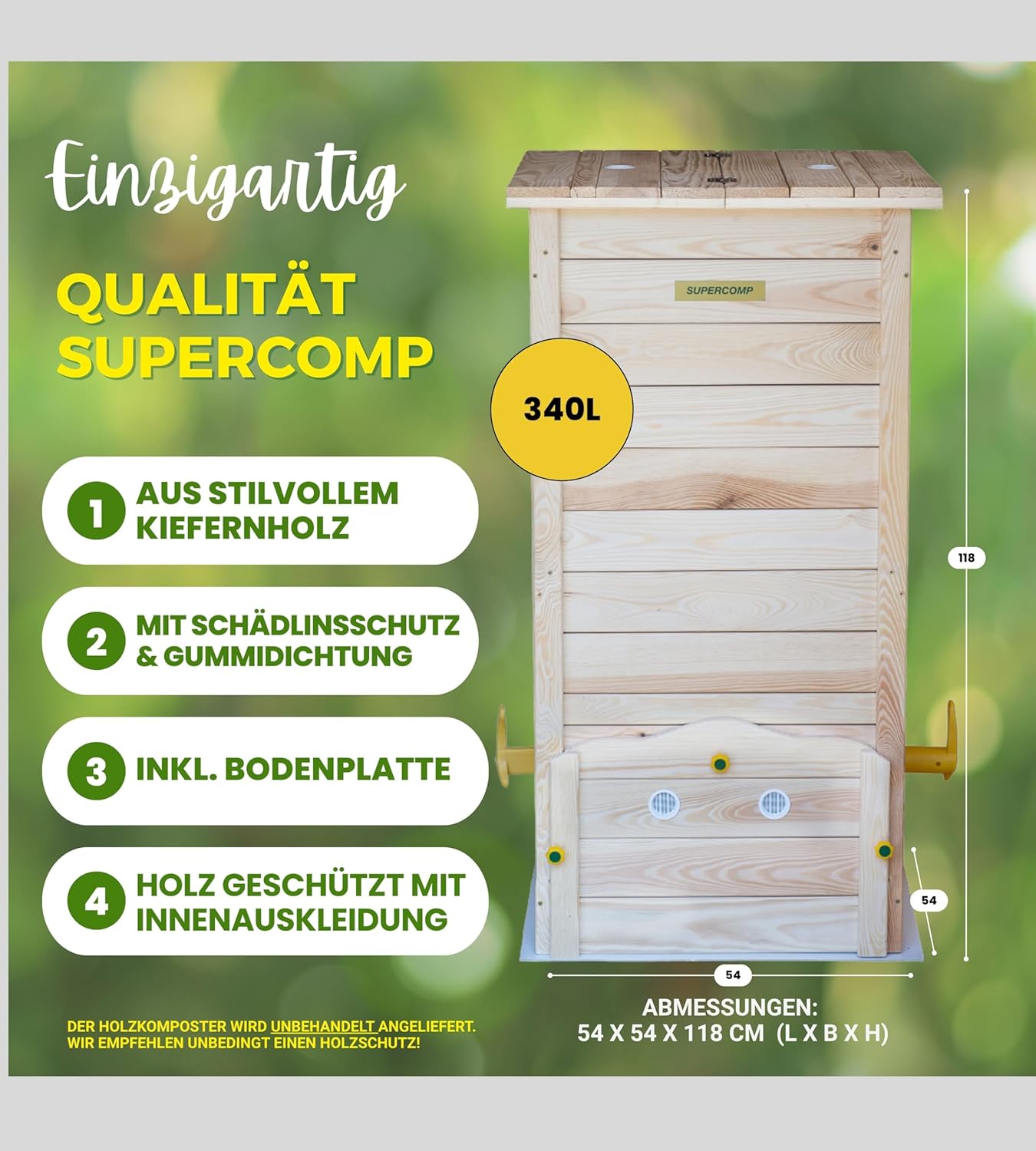 Holz Komposter Rattensicher mit Deckel, Schädlingsschutz, Durchlüftungsgitter und Boden, Gleit-Technik Kompostieren ohne üblen Gerüche, kein Umsetzen mehr, 340 L