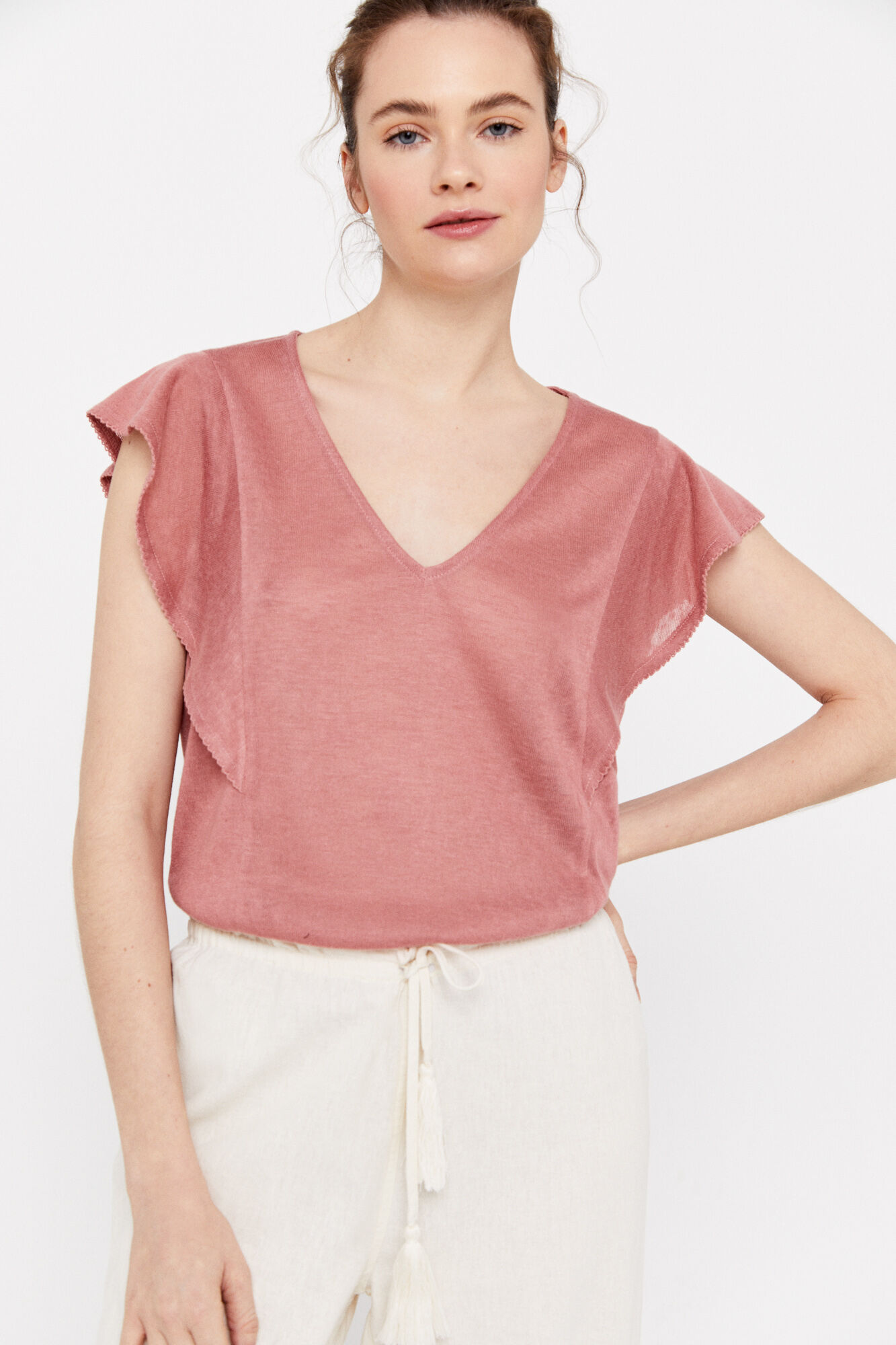 Camiseta com babados e efeito linho - Rosa
