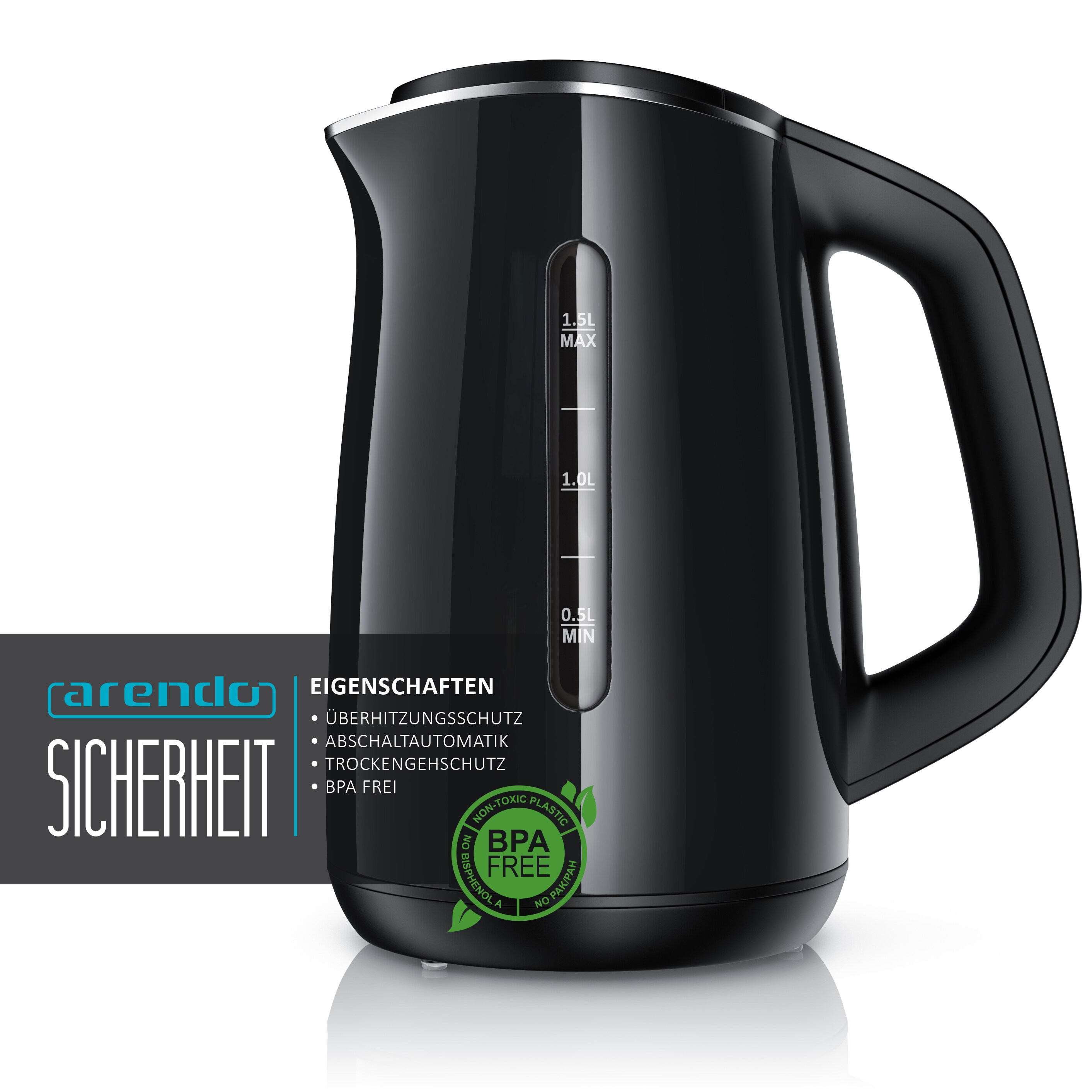 Arendo Wasserkocher 1,5 l, 2200 W, Edelstahl & Glas mit Teesieb, Teekocher, Temperaturwahl 40° C - 100° C