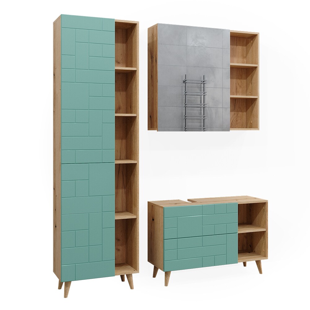 Vicco Badmöbel-Set Rudi in Eiche Evoke Mintgrün, Badezimmer, moderne Badserie Waschbeckenunterschrank Spiegelschrank Hochschrank