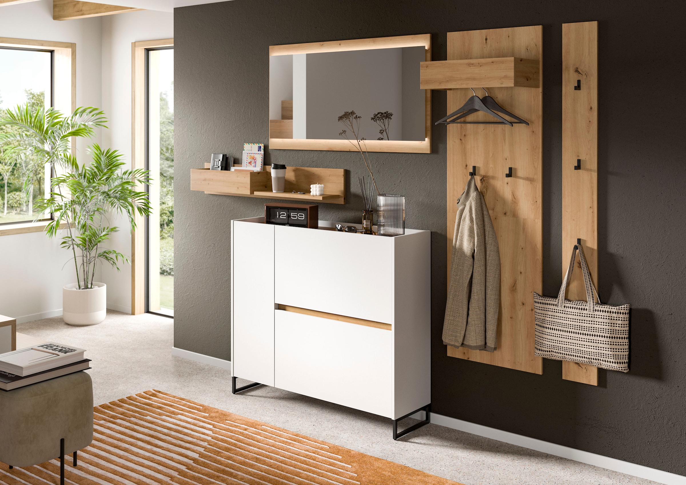 INOSIGN Garderoben-Set »EVRID, 5-teilig, Breite 236 cm, inkl. Beleuchtung« best. aus: Wandboard, Kommode, Spiegel, Garderobenpaneel, Hakenleiste, 5 Stk. tlg.