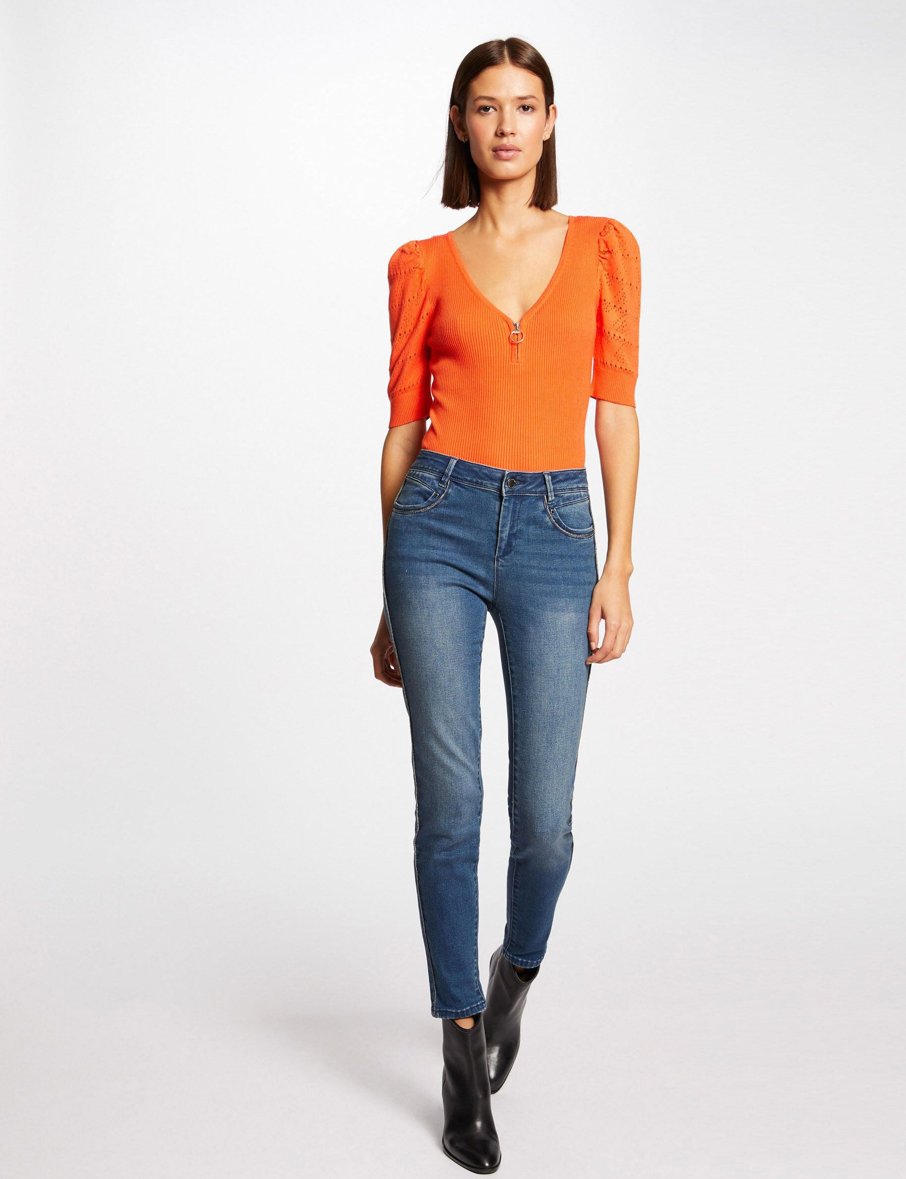 Pull manches courtes avec col en V orange femme - orange