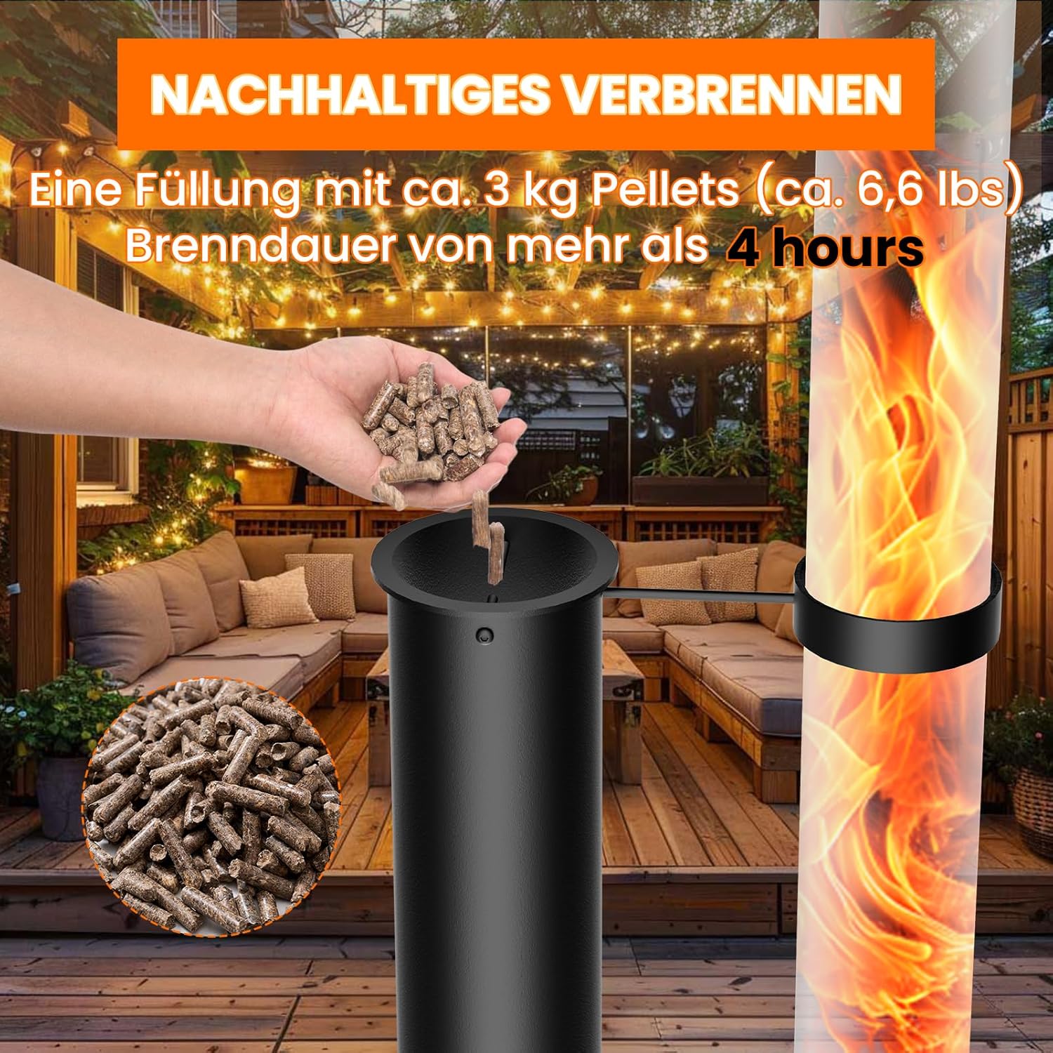 Tragbare Feuerrohr mit Rädern – Edelstahl Outdoor Feuersäule und Pelletfackel Terrassenheizer mit Stabiler Basis - Elegante Gartenkamin Alternative für Terrasse und Garten