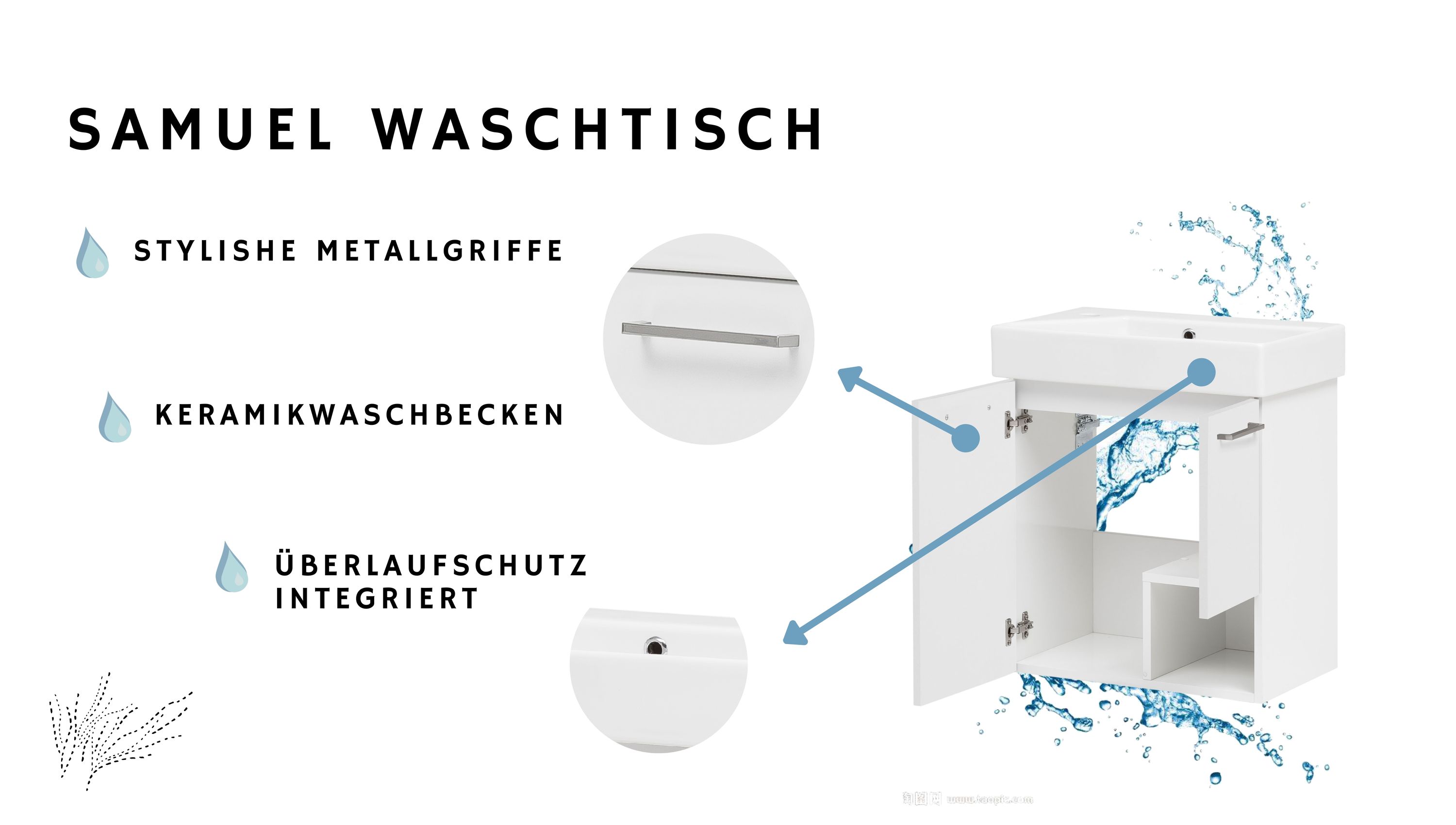 Badmöbel Waschtisch Gäste WC mit 2 Schranktüren und Metallgriff Weiß