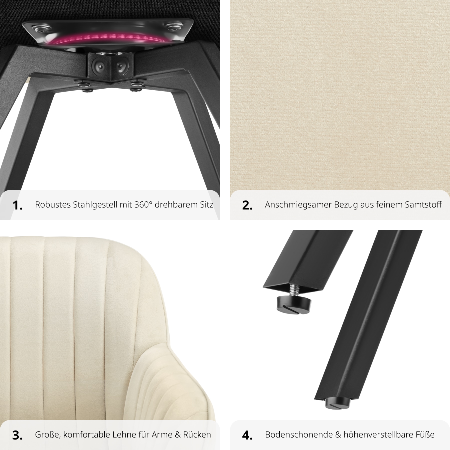 tectake® Drehbarer Armlehnstuhl , gepolstert, in Samtoptik, 360° drehbar, schlanke Stahlbeine, 58 x 58 x 82 cm