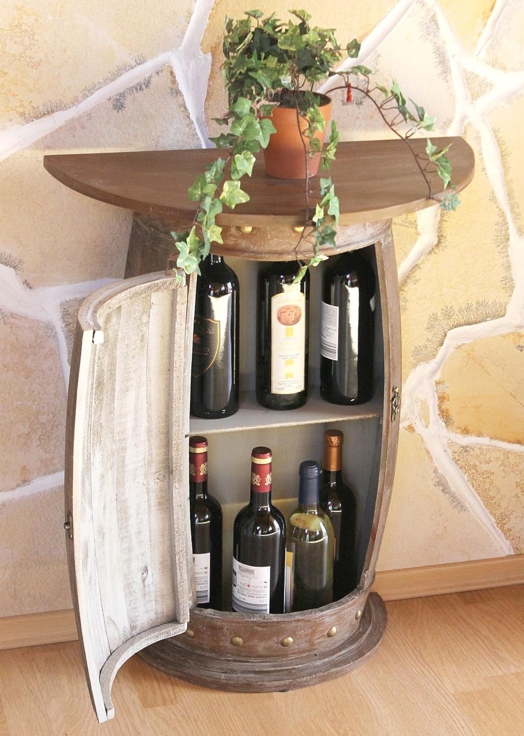DanDiBo Wandtisch halbrund Tisch Weinregal Weinfass 0373-R Braun Schrank Fass aus Holz 73 cm Beistelltisch Konsole Wandkonsole Bar