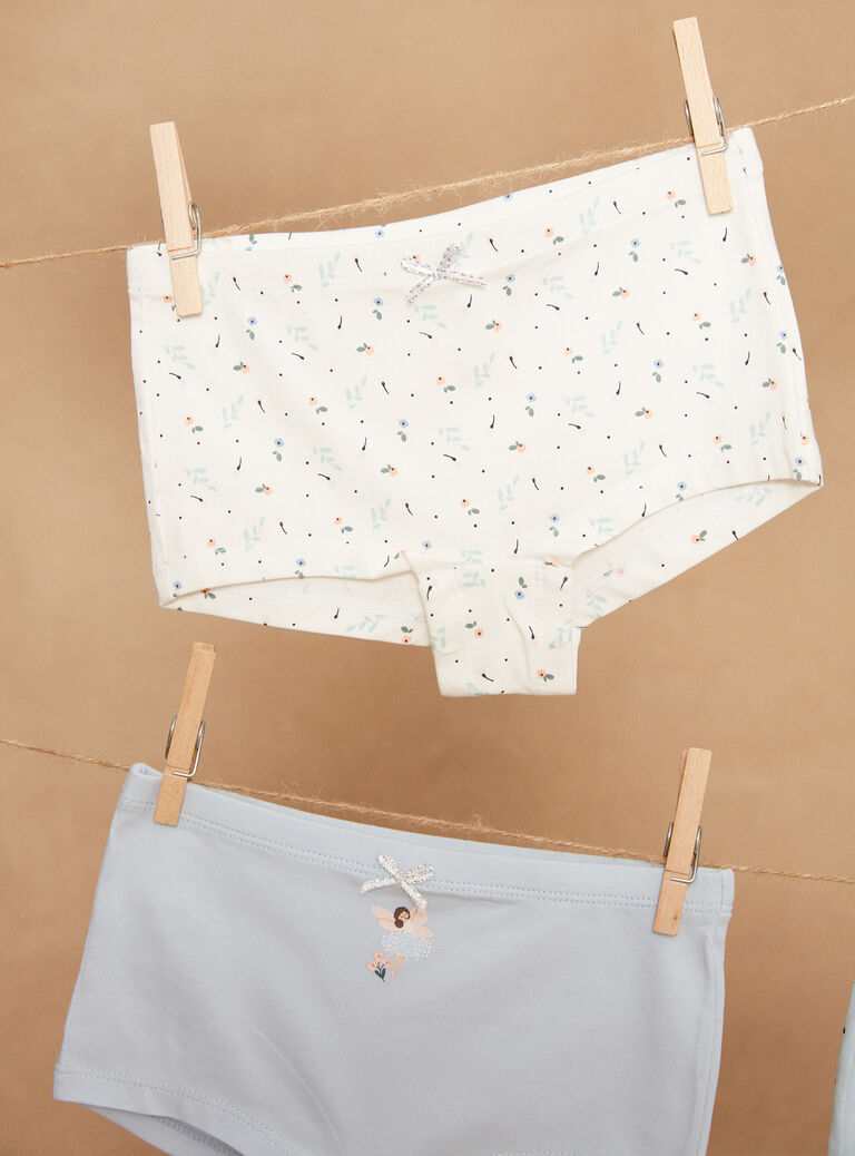 5 shortys ciel, écru, rose et orange à imprimé curs et fleuris et motifs fées danseuses
