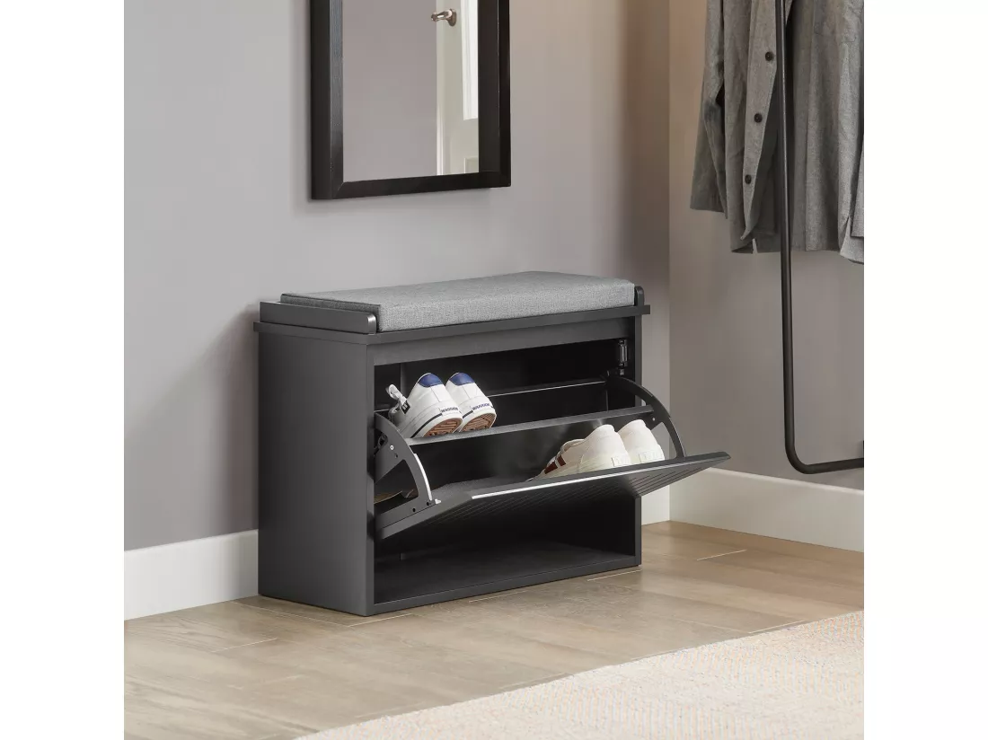 SoBuy FSR98-SCH Banc à Chaussures Meuble à Chaussures avec Assise Coussin Rembourré et Abattant Banc de Rangement à Chaussures Noir