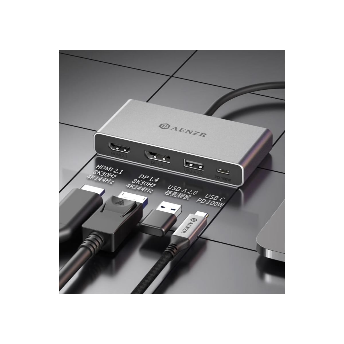 NÖRDIC USB-C 1 til 4 Dokkingstasjon 1xDP8K30Hz 1xHDMI8K30Hz 1xUSB-C PD 100W 1xUSB-A 2.0