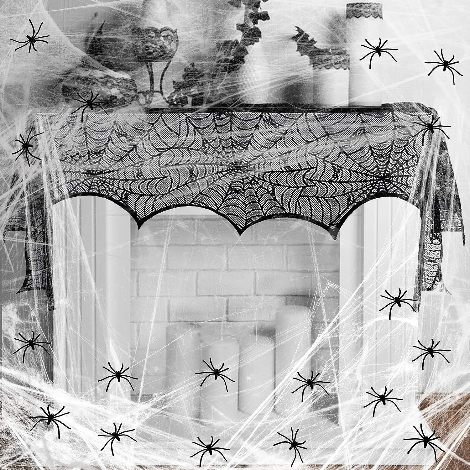 (250x45cm) Spinnen Netz Tuch Halloween Türvorhang Deko Kaminschal - Schwarz