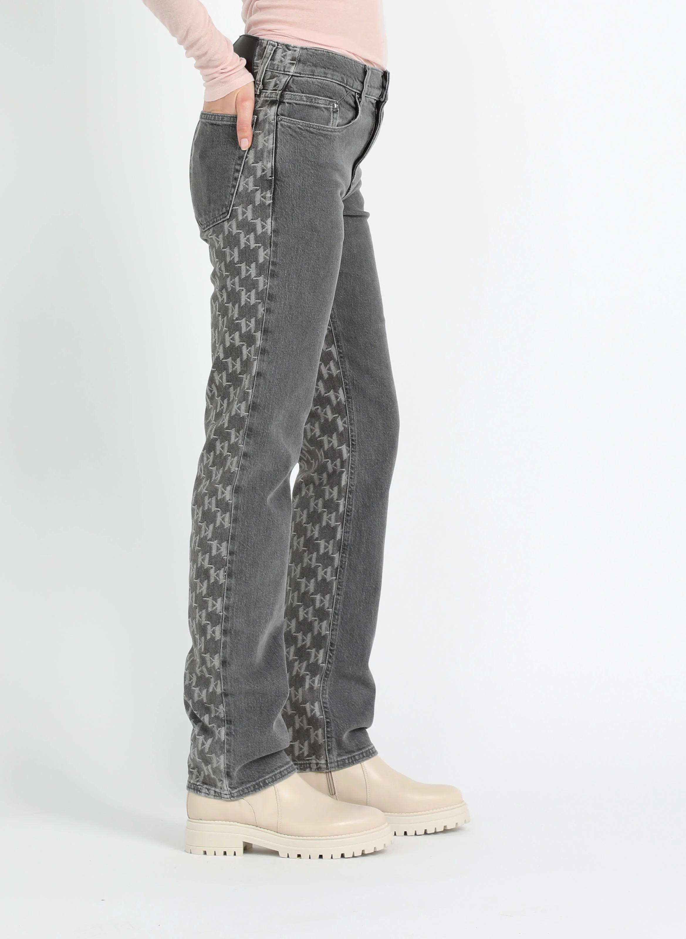Jean délavé en jacquard en coton mélangé| Gris