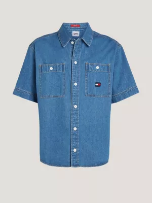 Camisa jeans de manga curta com logo nas costas