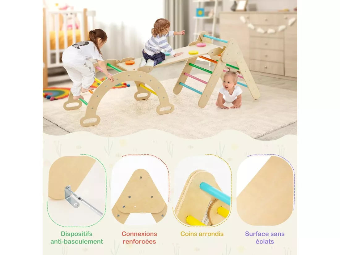 7 en 1 Triangle d'escalade, Montessori Enfants avec Rampe Réversible, Arc d'escalade ou Bascule en Bois de Hêtre, Charge Max 50KG pour Glisser ou Grimper pour Bébé de 1 an+, Multicolore