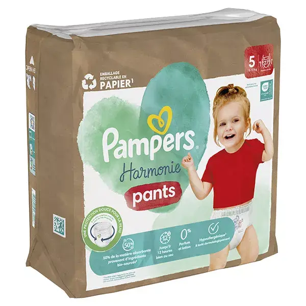 Fraldas Pampers Harmonie Pants Tamanho 5 (12-17 kg) com embalagem de papel reciclável