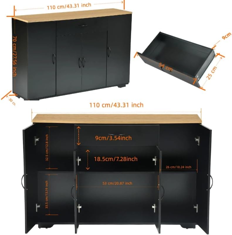 Schwarze Kommode mit 1 Schublade & 4 Türen - Schlafzimmer Sideboard mit Eichendekor-Arbeitsplatte für Wohnzimmer/Flur, Aufbewahrungsmöbel Modern